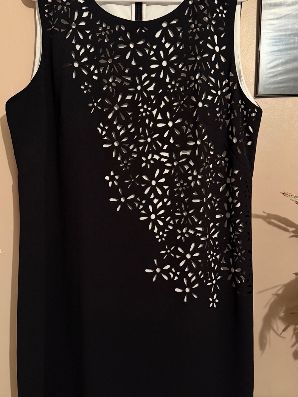 Calvin Klein Black Sleeveless Dress with White Underlay Floral Cutouts